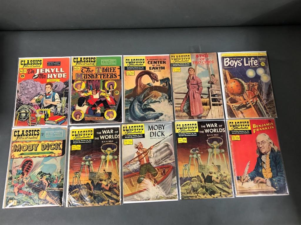 10pc Silver Age Classics Illustrated Comics: Dr Jekyl & Mr Hyde, War of the Worlds, moby Dick ++ All books appear to be well kept with some areas of wear