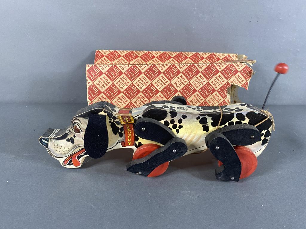 Vtg 40s Fisher Price Snoopy Wooden Pull Toy w/ Box: .