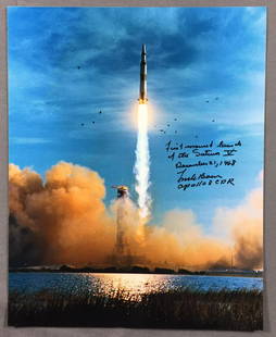 Frank Borman signed Apollo 8 LIFT-OFF: An Awesome photograph of the launch of Apollo 8. It is hand signed and inscribed by Frank Borman " First Manned launch of the Saturn V December 21, 1968" with Apollo 8 CDR added. This is in great cond