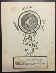 Original Apollo 15 collection of Snoopy cartoons: These cartoons were authorized by Charles Schultz for the Apollo program with great Snoopy drawings in stapled booklet commemorating the "unsung heroes" of Apollo 115 The cover has auto penned signatu