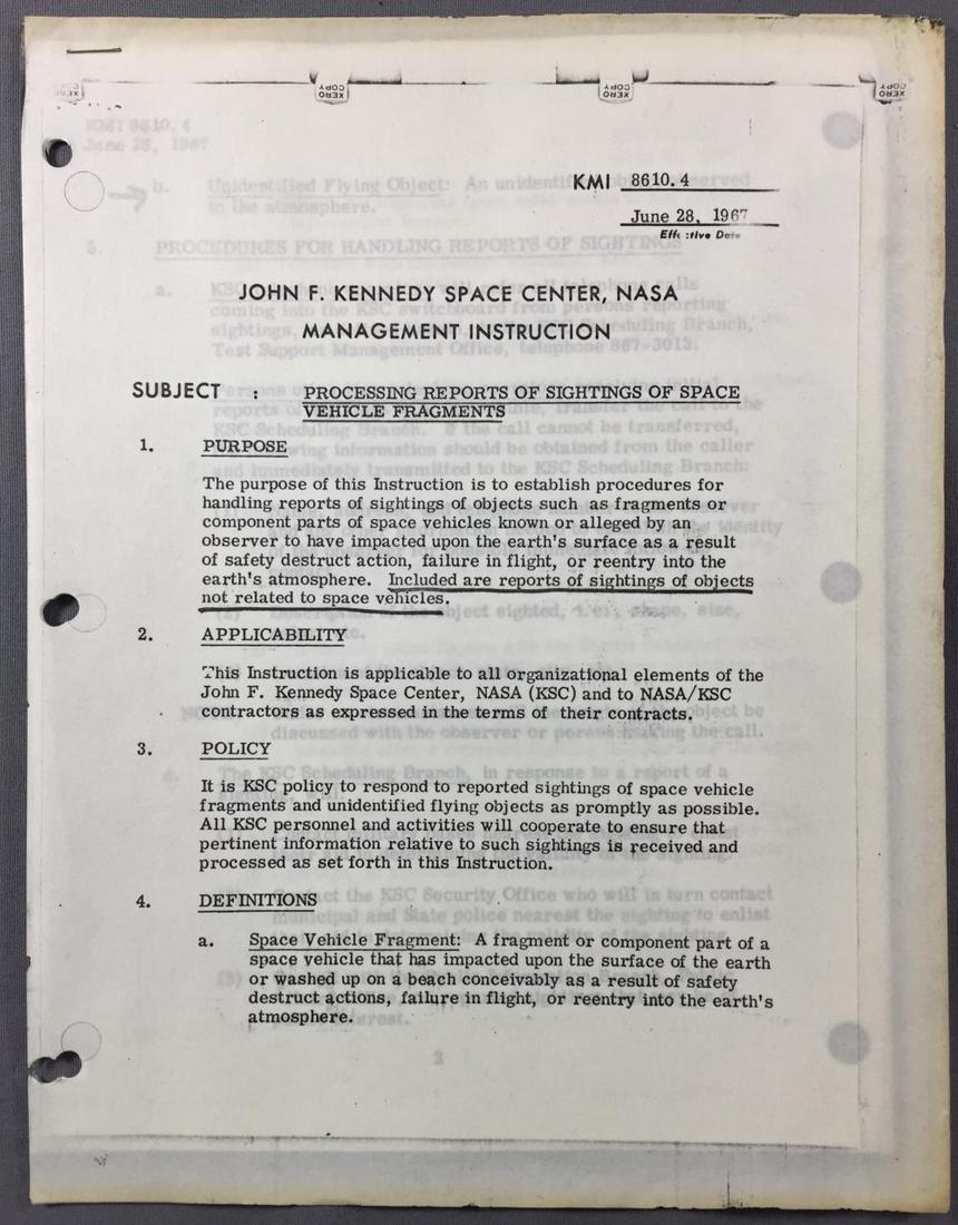 1967 NASA UFO Managment Instruction from Kurt Debus: A 4 page photocopy from 1967 on the Managments position and preceedures on the sightings of Spacecraft parts and fragments as well as objects NOT related to spacecraft. A great early official position