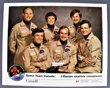 Space Shuttle Team Canada Signed Lithograph: A hard to find Team Canada Astronaut crew lithograph with beautiful signatures of all six astronauts. It is signed by Marc Garneau who was the first Canadian to fly i space, Roberta Bondar the first C