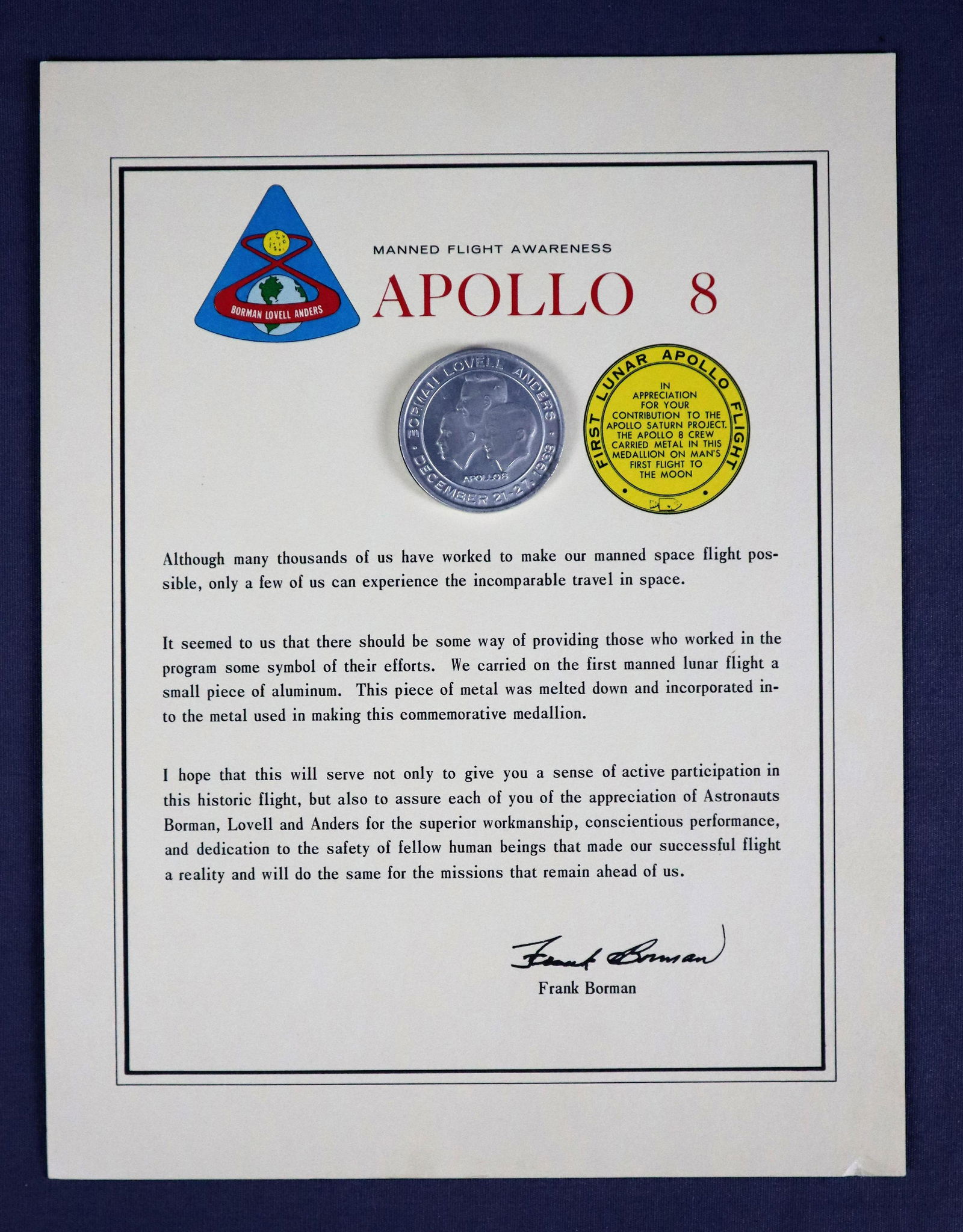 Apollo 8 Manned Flight Awareness Certificate & Coin (1 of 4)