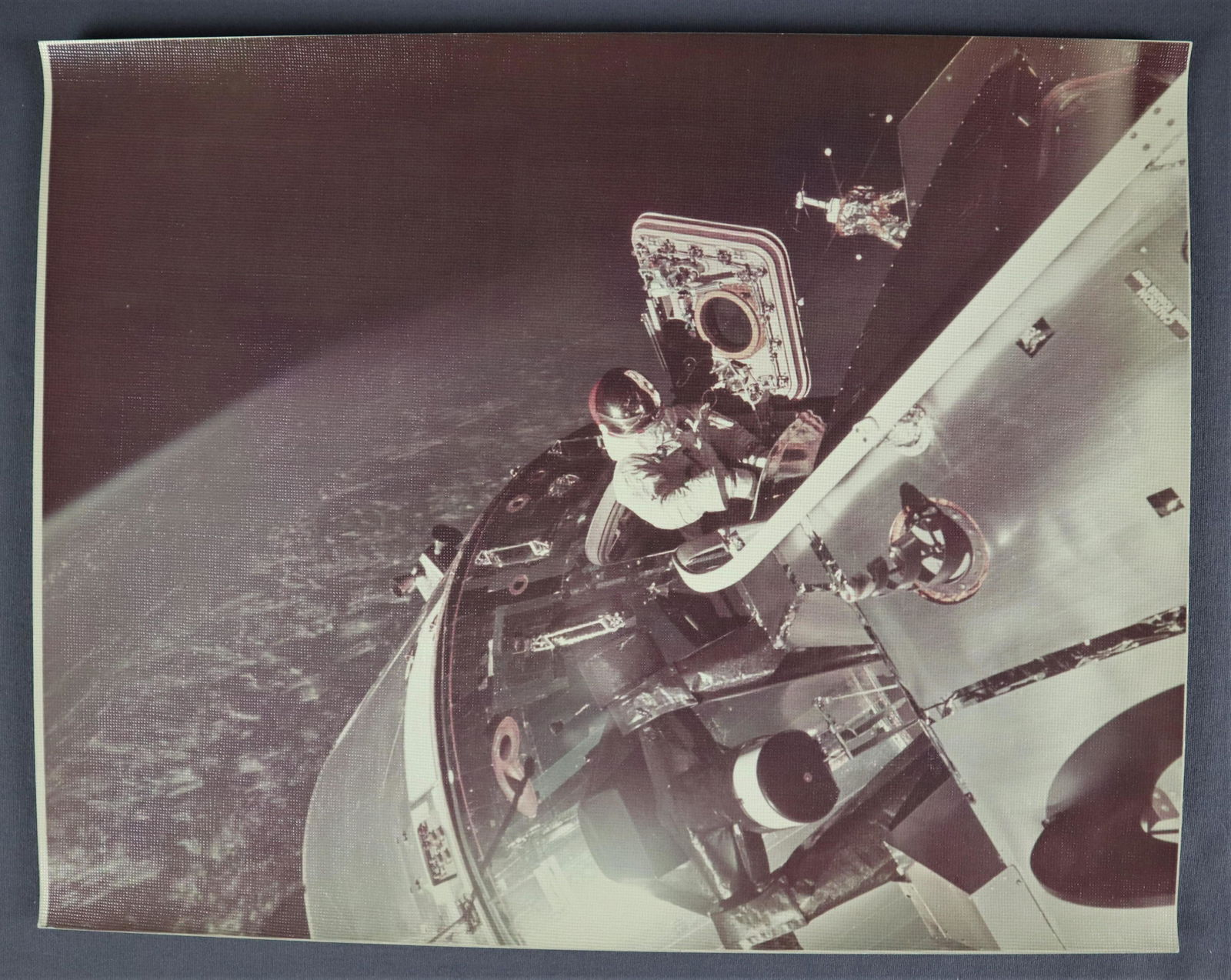 Apollo 9 Space Walk Textured A Kodak Paper Photograph: An 11" x 14" vintage NASA photograph printed on textured 'A' Kodak Paper. This paper was used to give the appearance of canvas prints. This one shows Mission Commander David Scott during his Apollo st