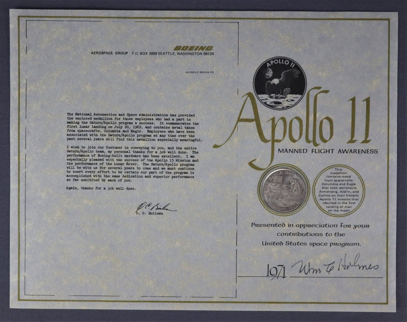 Apollo 11 MFA Presentation of Appreciation Coin Award (1 of 2)