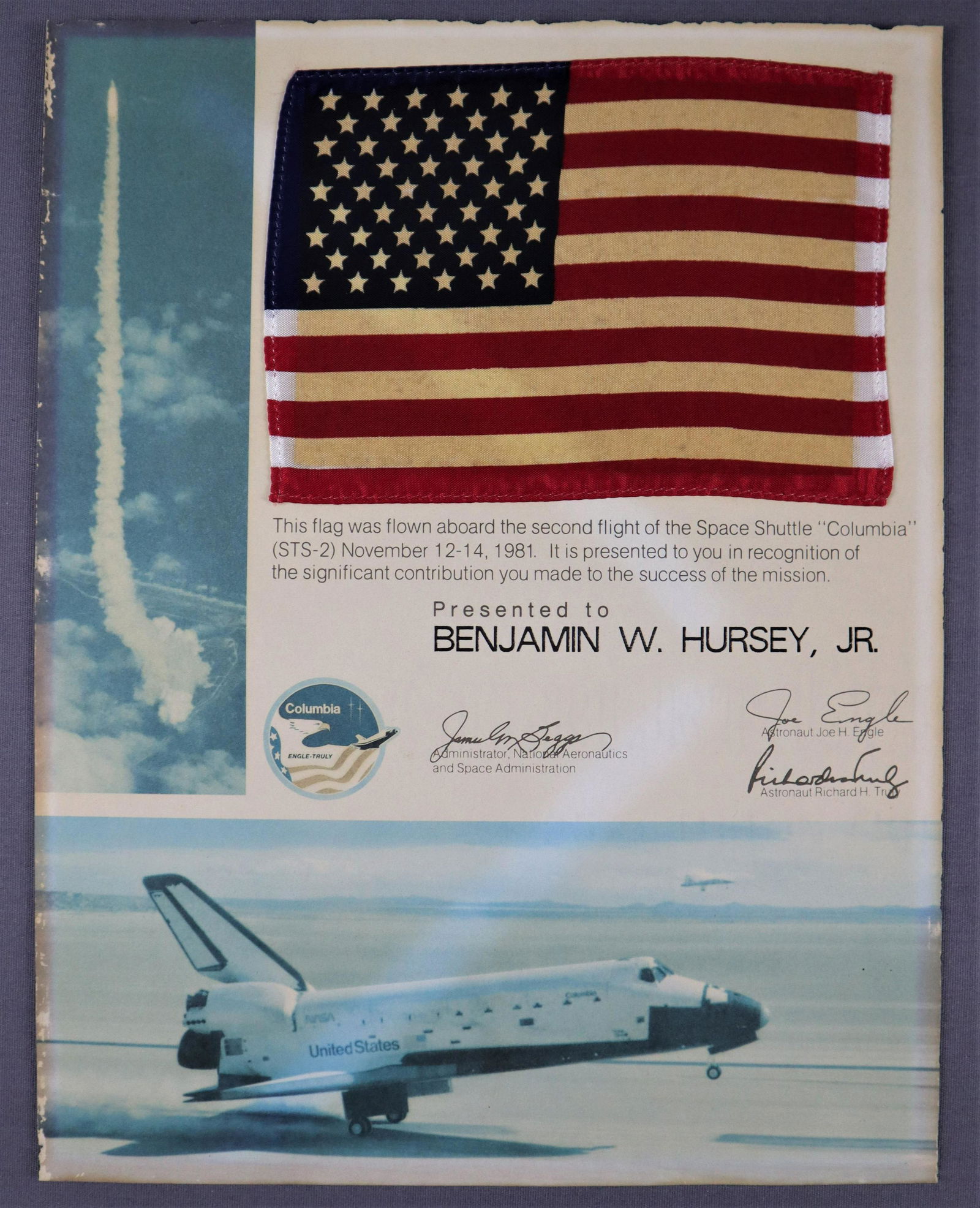 Columbia STS-2 Flown Flag Award (1 of 2)