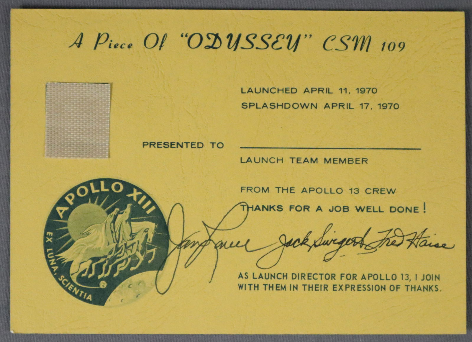 Apollo 13 "Piece of Odyssey" Award Signed by Prime Crew (1 of 2)