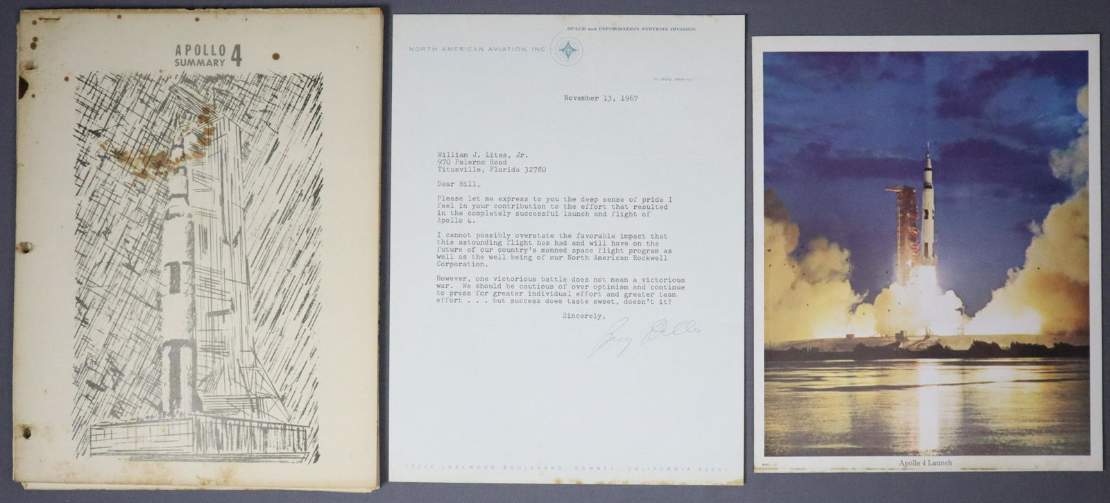 Apollo 4 Summary Report, Letter & Lithograph (1 of 4)