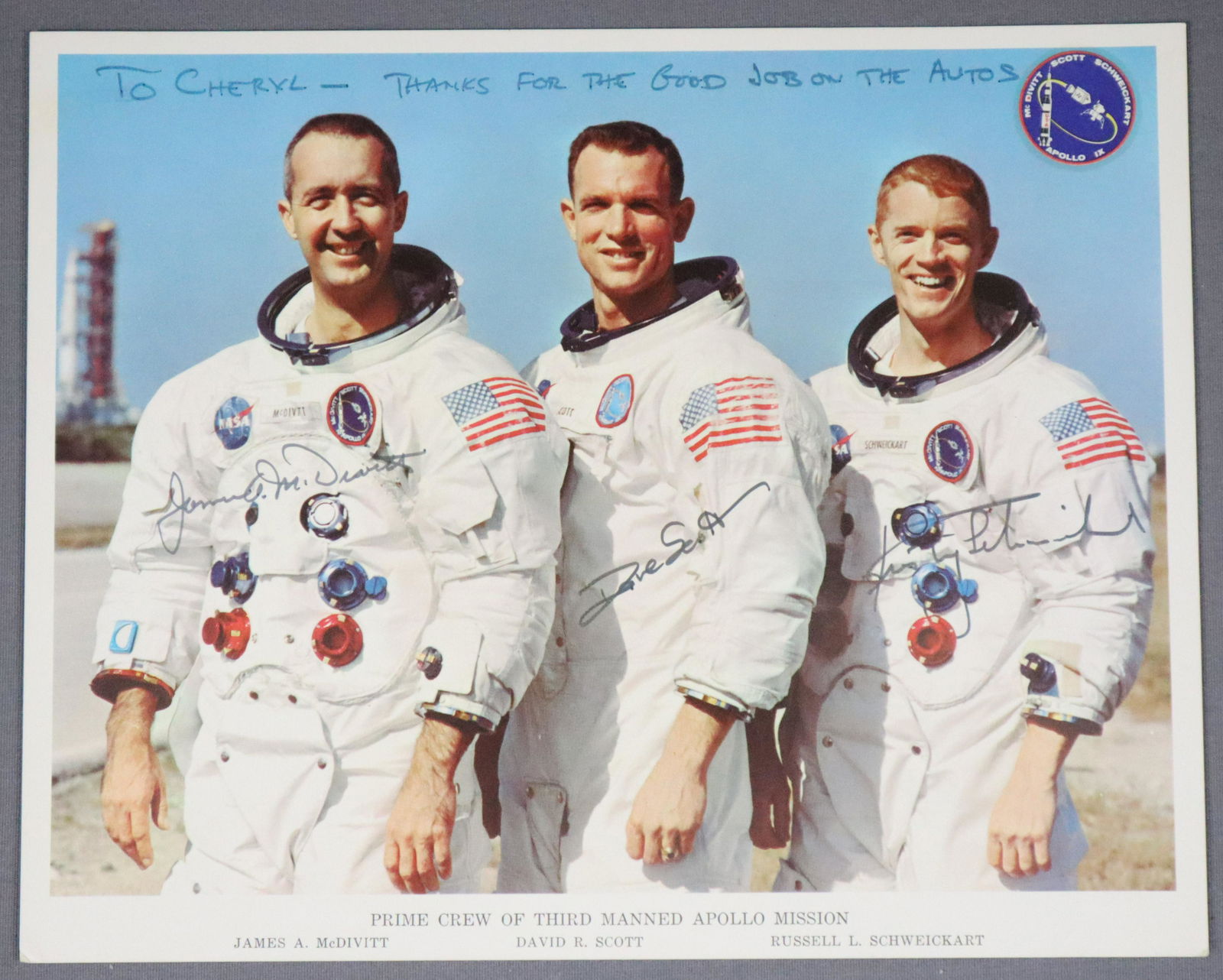 Apollo 9 Crew Signed Lithograph: This is an Apollo 9 crew signed vintage NASA lithograph. This lithograph is signed by the entire crew of James McDivitt, David Scott and Rusty Schweickart and is dedicated. This is a beautiful example