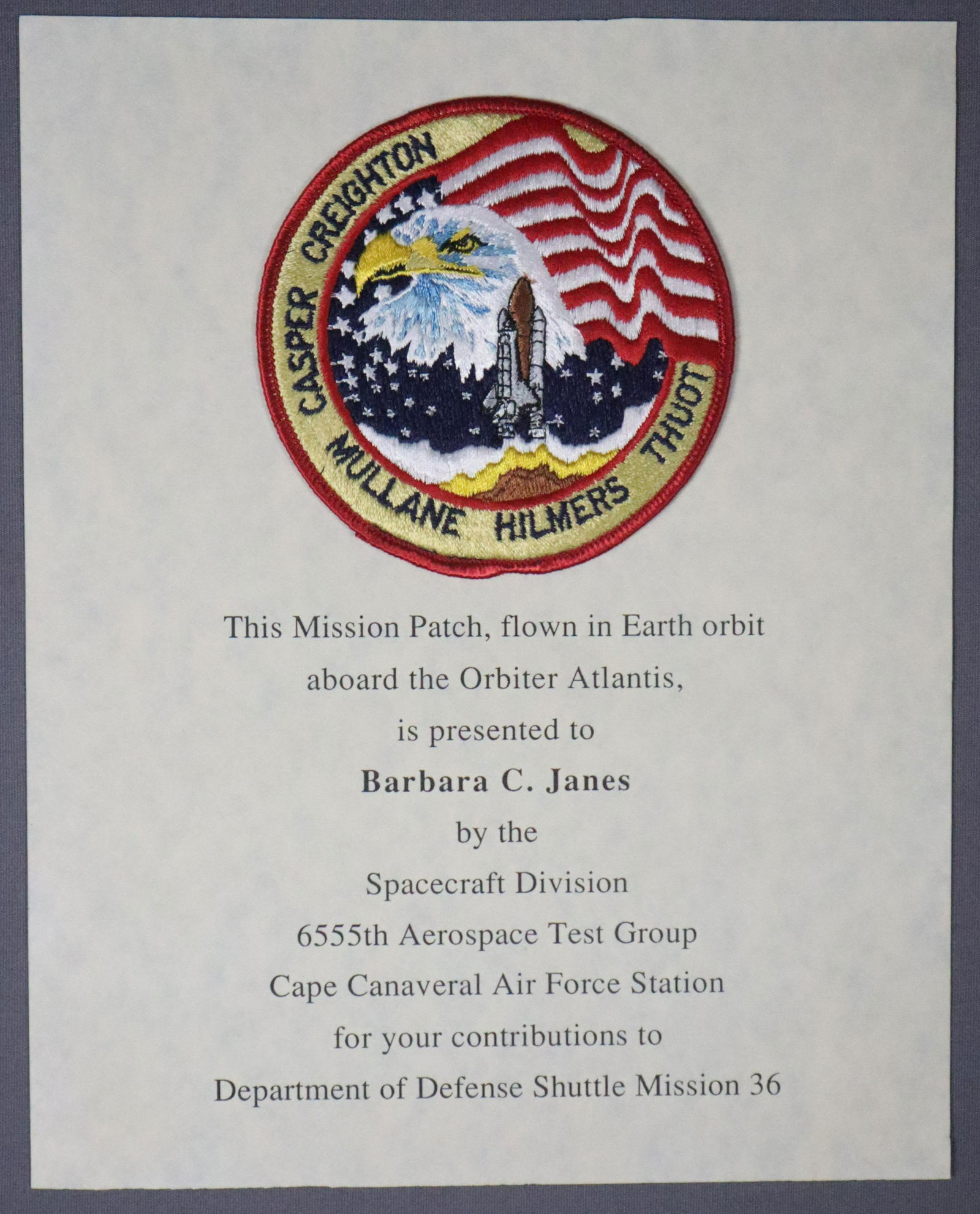 STS-36 Flown Department of Defense Crew Patch Award (1 of 1)