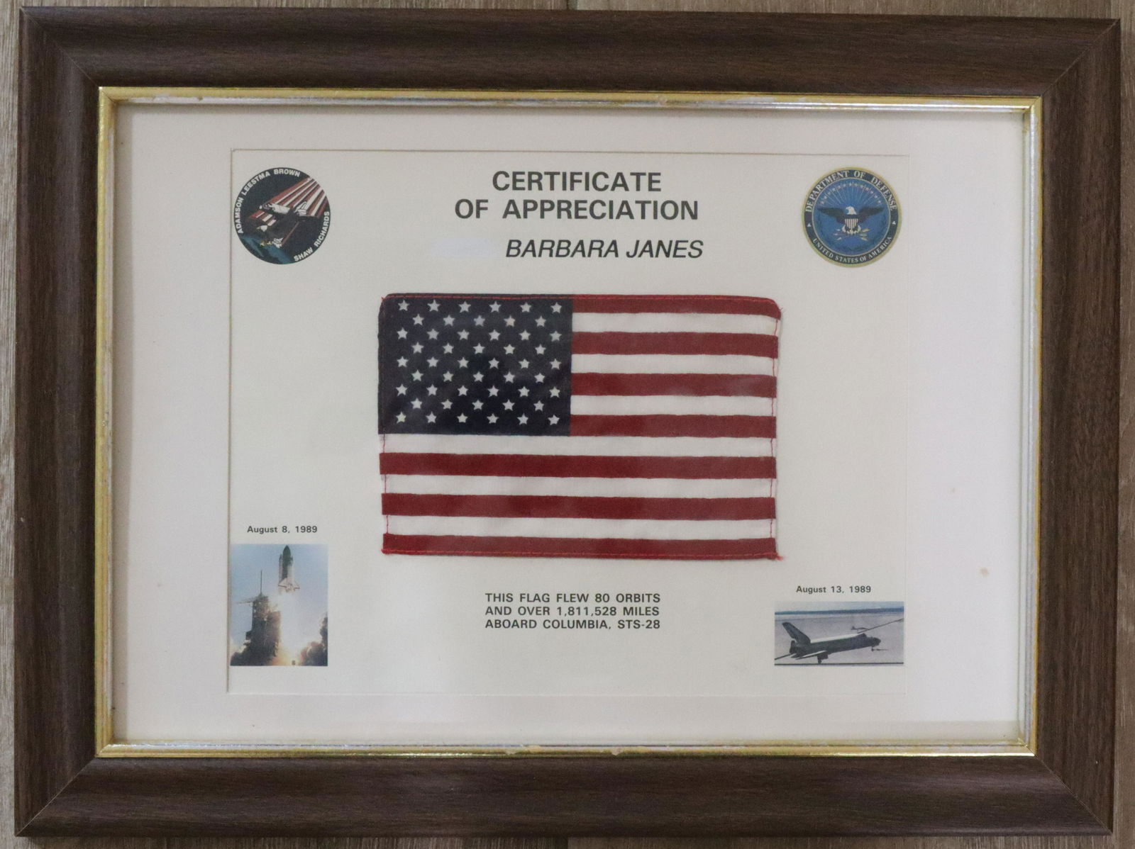 STS-28 Flown American Flag Presentation Framed (1 of 2)