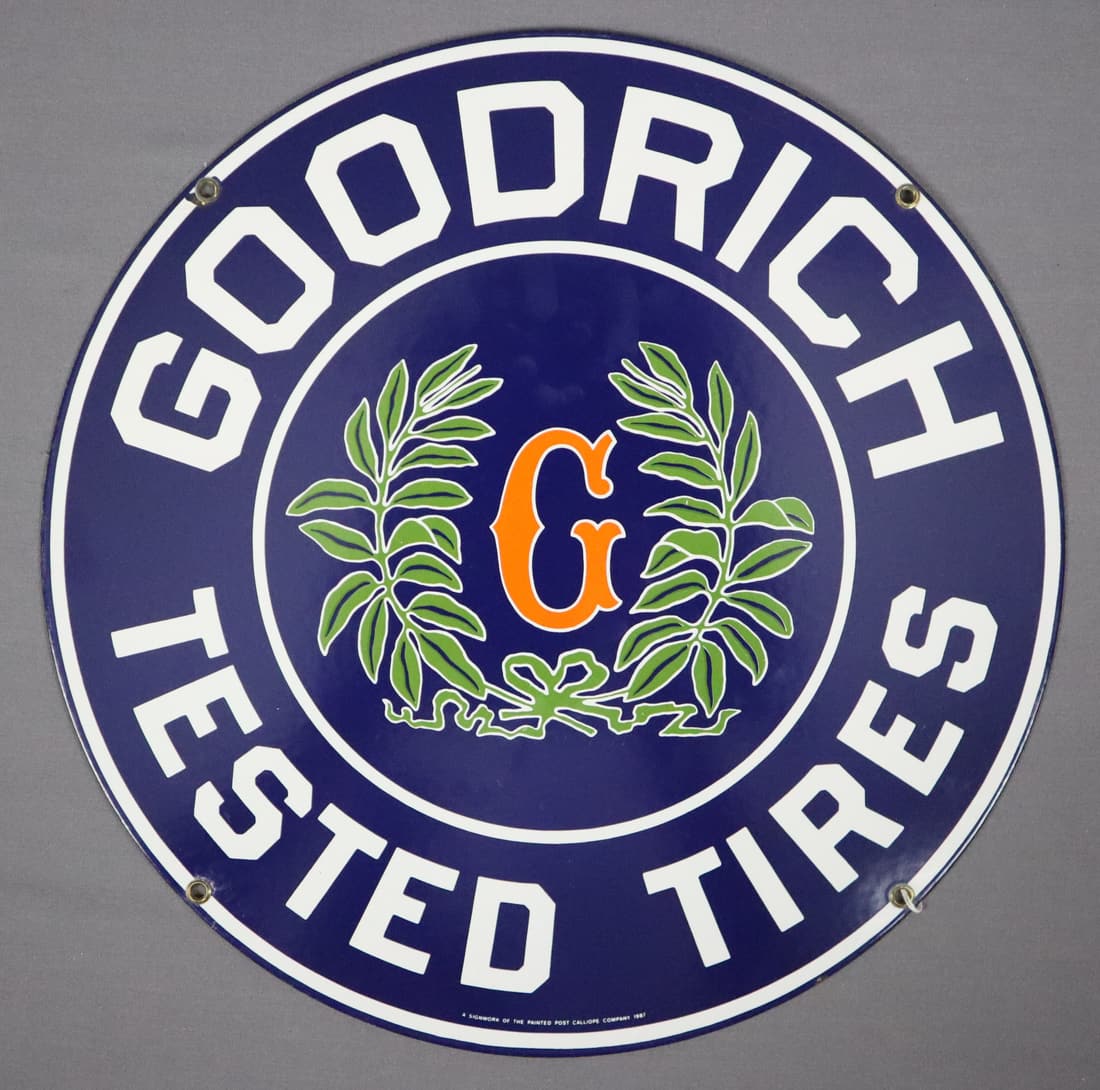 Goodrich Tested Tires Porcelain Metal 14" Sign: This lot consists of one porcelain metal advertisement sign. This is a "Goodrich Tested Tires" round 14" sign. It is in very good condition with minor wear. Please see pictures for condition.