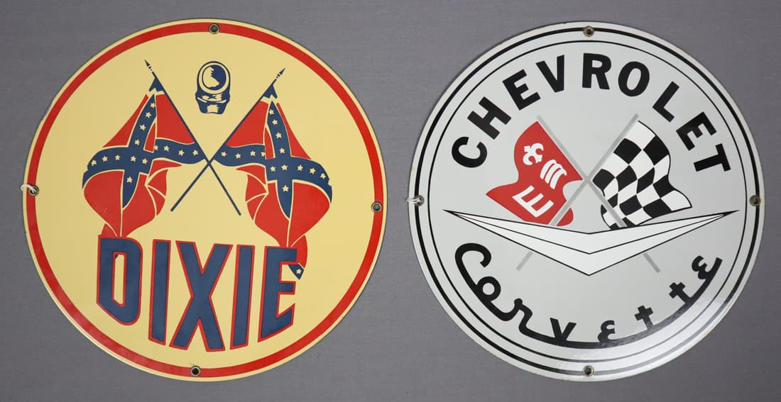 2 - Corvette & Dixie Porcelain Metal Advertisement Signs: This lot consists of two porcelain metal advertisements signs. One is a "Chevrolet Corvette" round 11" sign and the other is a "Dixie" round 11" sign. Both are in very good condition with very minor w