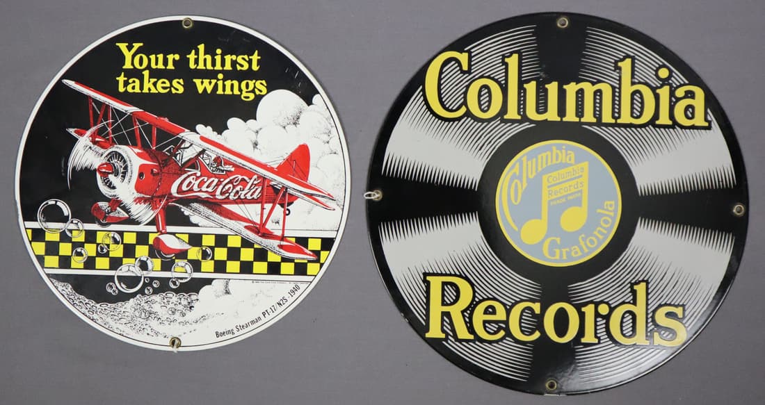 2 - Coca Cola & Columbia Records Porcelain Metal Advertisement Signs (1 of 2)