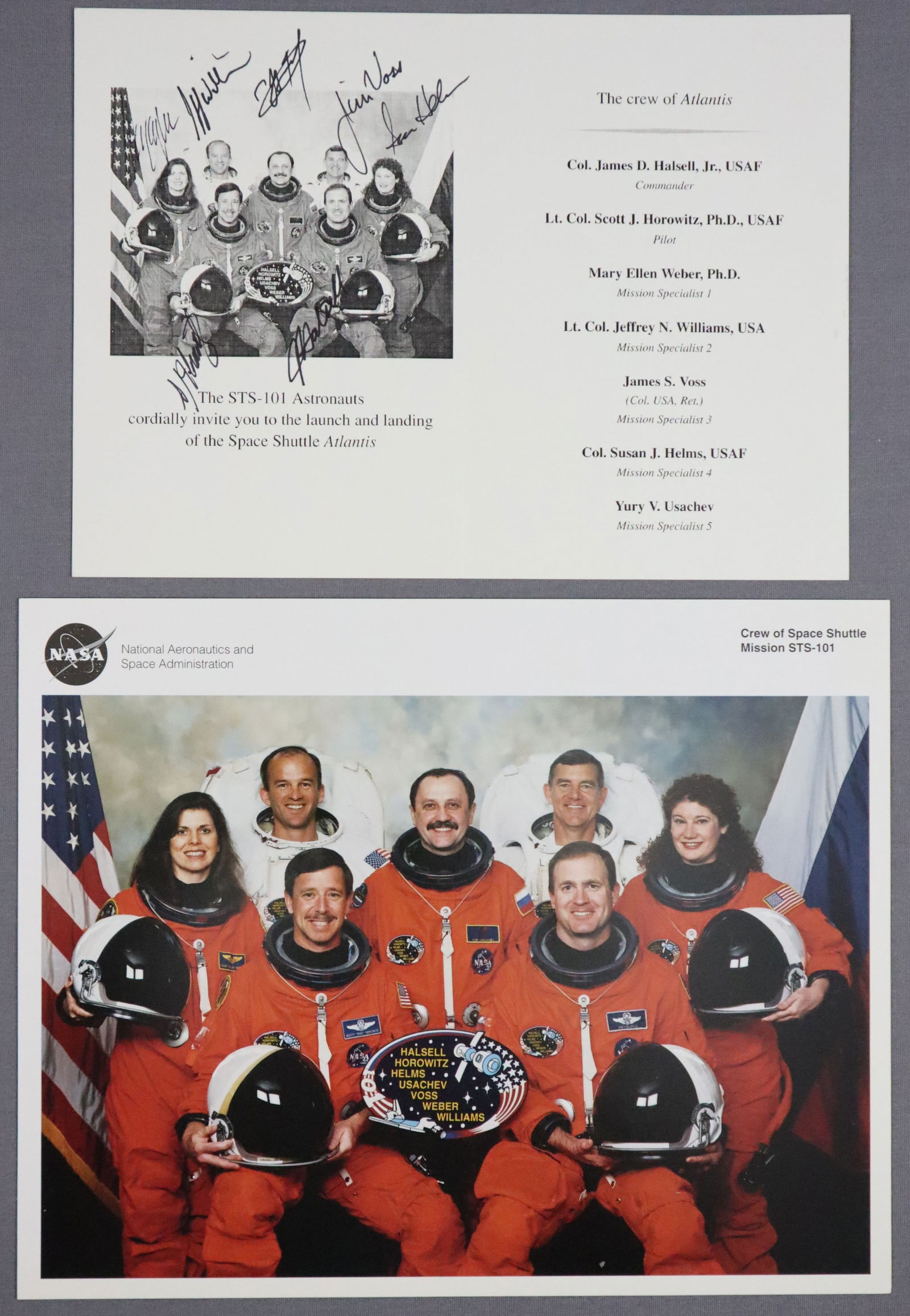 STS-101 Crew Signed Launch & Landing Invitation: A vintage STS-101 Launch and Landing Invitation to view the event. This one has been hand signed by every member of the crew and comes with an official 8" x 10" KSC crew portrait lithograph. Both are