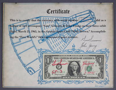 Rare Gemini GT-3 Flown Crew Signed Dollar Bill: This is a nice unusual and hard to find item. A United States one dollar bill 1963 series with the serial number F28752054B. This dollar bill was flown aboard the Gemini 3 Space Capsule 'Molly Brown'.