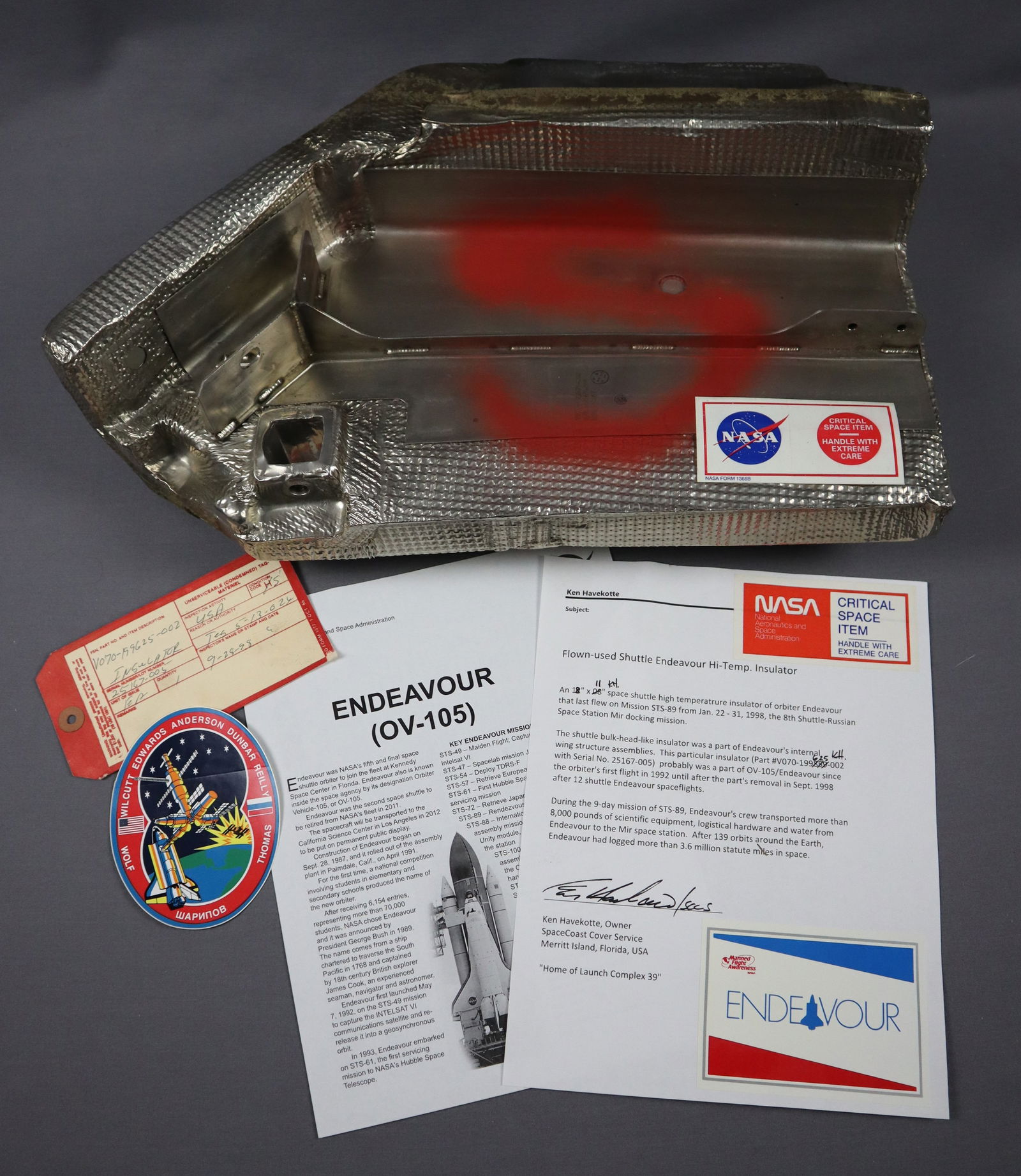 Flown STS-89 High Temperature Insulator with SCRAP Tag & Paperwork (1 of 5)