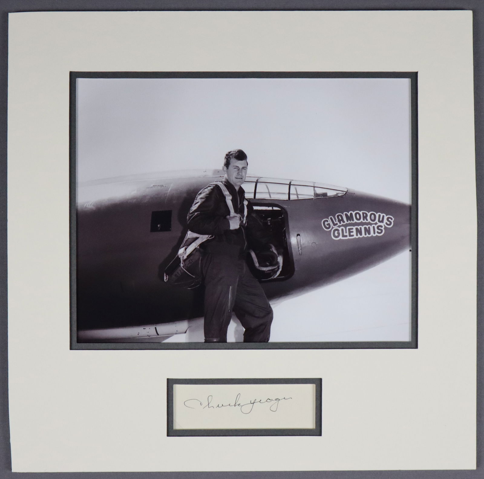 Chuck Yeager Signed "Glamorous Glennis" Matted Photograph Display (1 of 2)