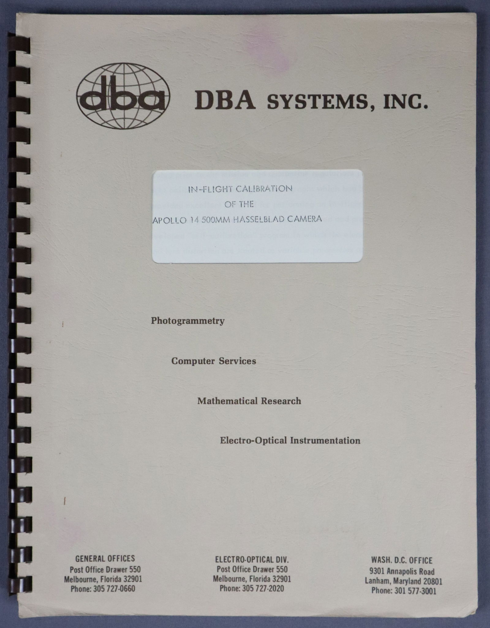Apollo 14 In Flight Calibration of the 500mm Hasselblad Camera Final Report (1 of 7)