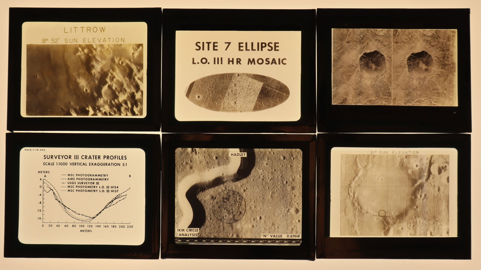 6 - Lunar Orbiter Original NASA 70mm Glass Slides: Six original NASA 70mm glass slides showing various images form the Lunar Orbiter program. These large format slide are from a special NASA presentation projector and are very collectable.These slide