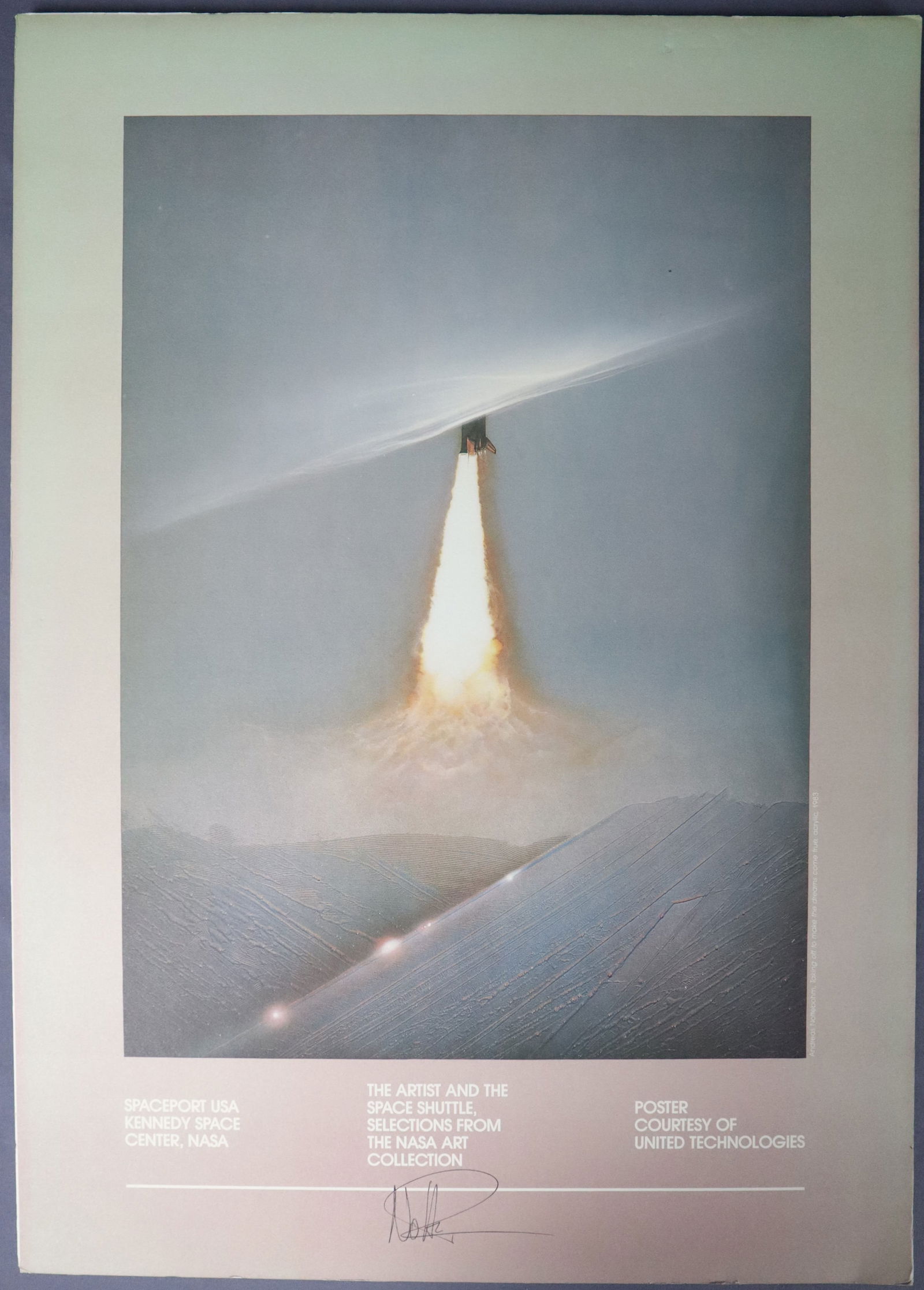 Artist Signed Space Shuttle Print: An 18" x 25" Artist signed print showing the launch of the Space Shuttle. It is hand signed by Artist Andreas Nottebohm. This was an official Spaceport USA KSC selection from the NASA Art Collection.