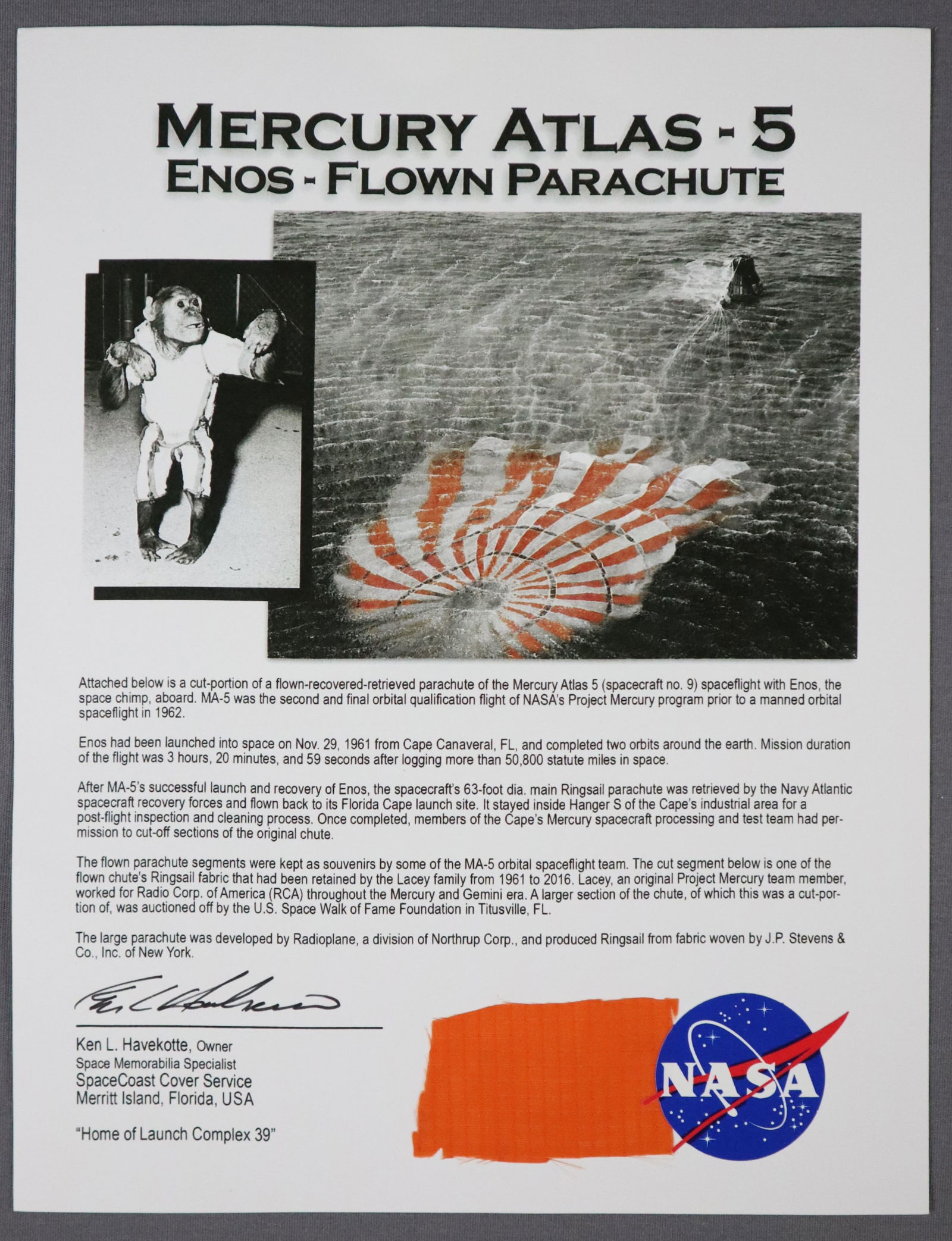 Mercury Atlas - 5 Flown Parachute Section & Mission Photograph (1 of 4)