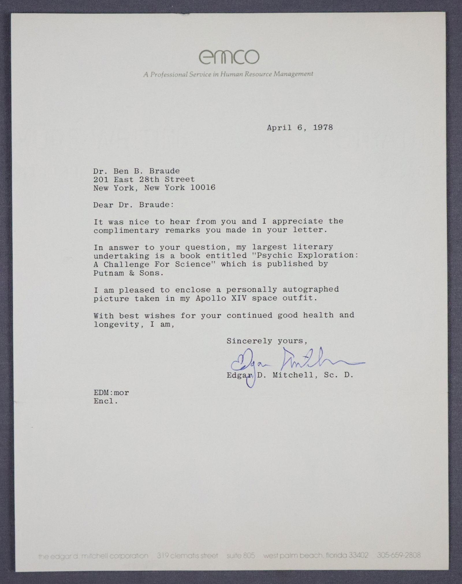 Edgar Mitchell Typed Letter Signed from 1978 (1 of 1)