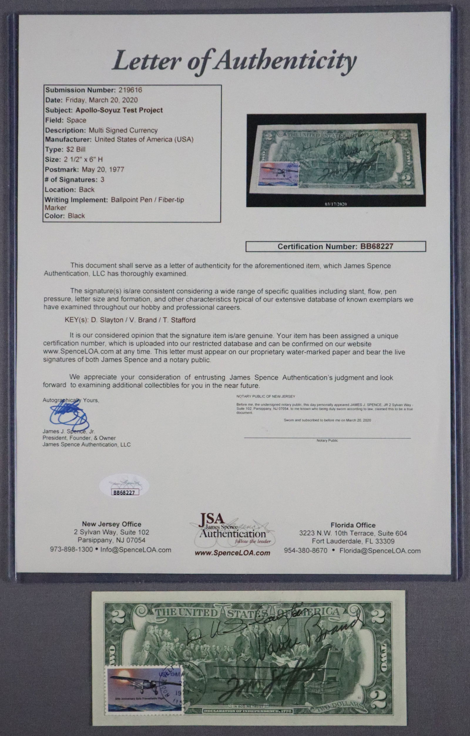 ASTP Prime Crew Signed Two Dollar Bill: A Two Dollar Bill displaying the Declaration of Independence 1776 on the reverse side that has been hand signed by the Prime Crew members of the Apollo Soyuz Test Project - Tom Stafford, Deke Slayton