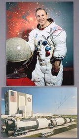 2 - James Lovell Signed Apollo Era Photograph & Giant Postcard
