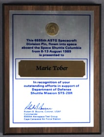 STS-28R Flown ASTG Spacecraft Division Pin Award Plaque