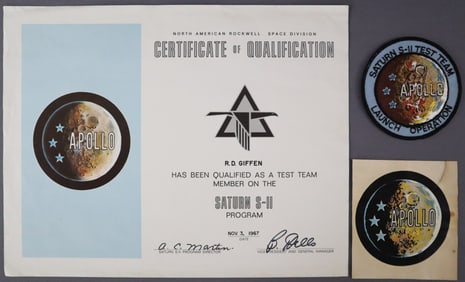 Bob Giffen's Rare Saturn S-11 Test Team Certificate & Patch/Decal