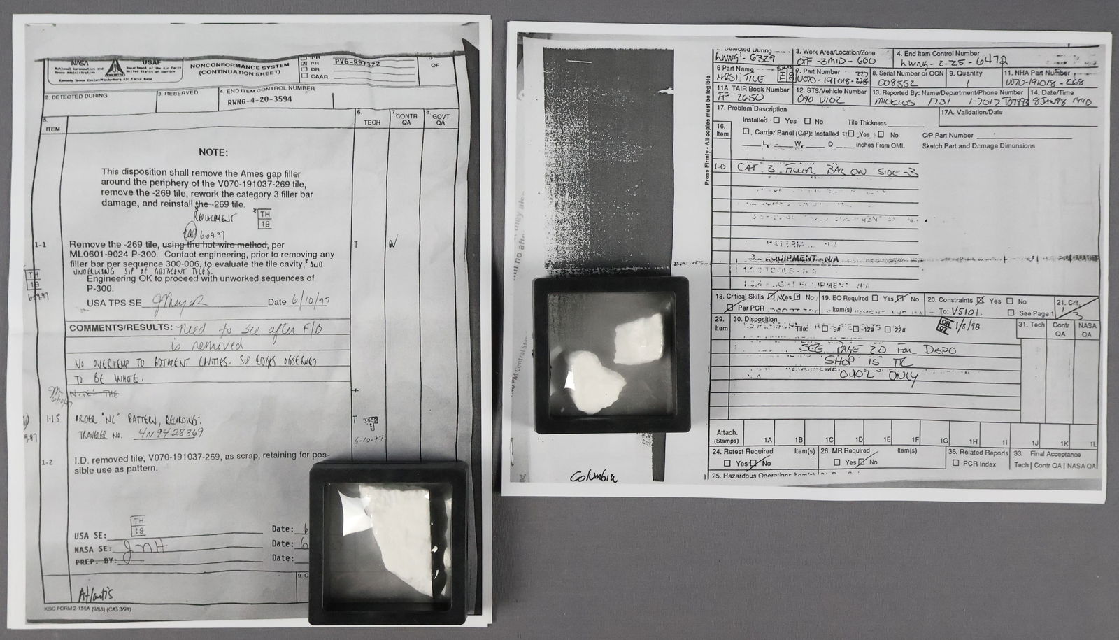 Atlantis & Columbia Space Shuttle Tile Sections with Paperwork Copies (1 of 4)