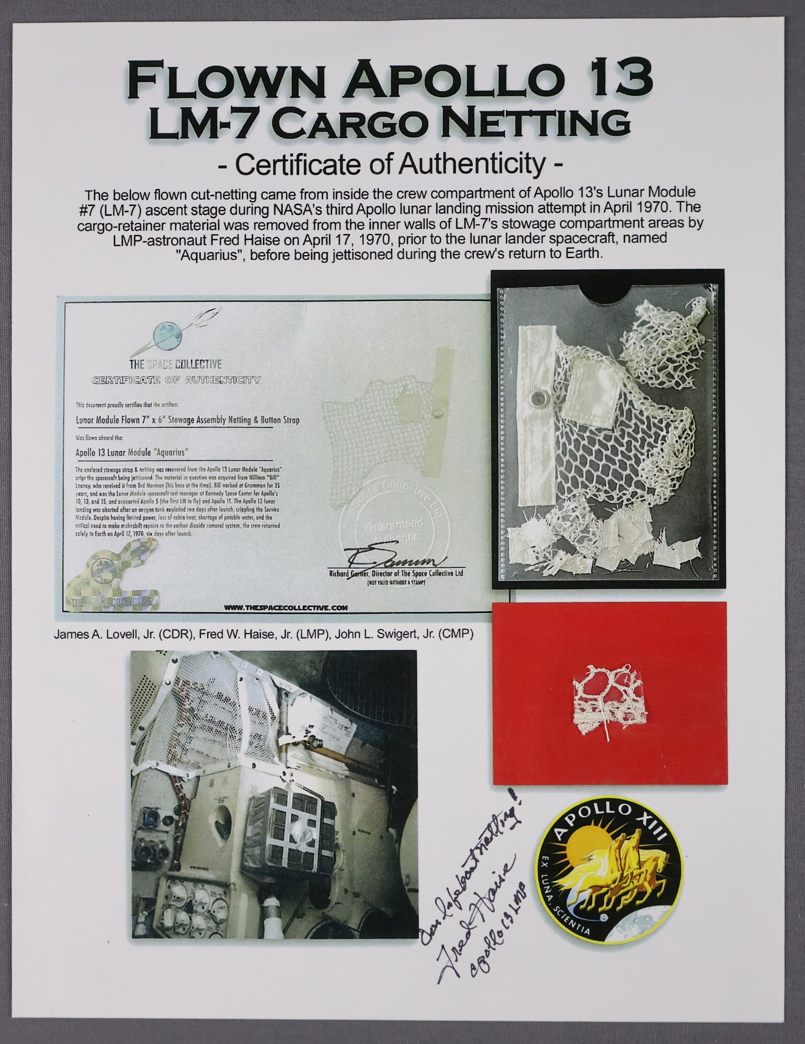 Apollo 13 Flown LM-7 Cargo Net Fragment Signed by Fred Haise (1 of 3)