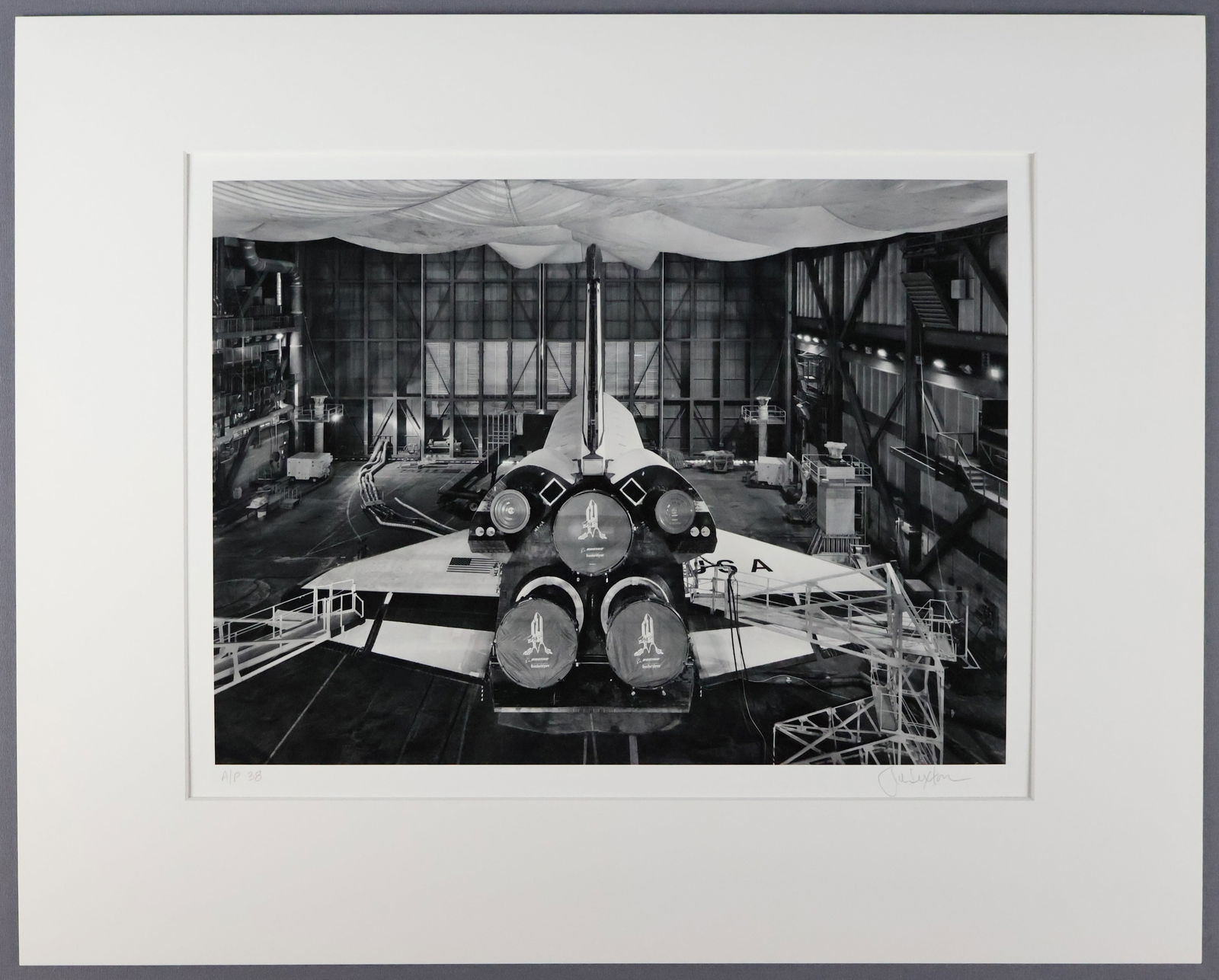 John Sexton Artist Proof "Places of Power" Numbered & Matted Art: This is a 10" x 13" black and white artist proof photograph showing an image of the Orbiter Columbia. The artist John Sexton, who captured the image, has hand signed this artist proof. The art piece i