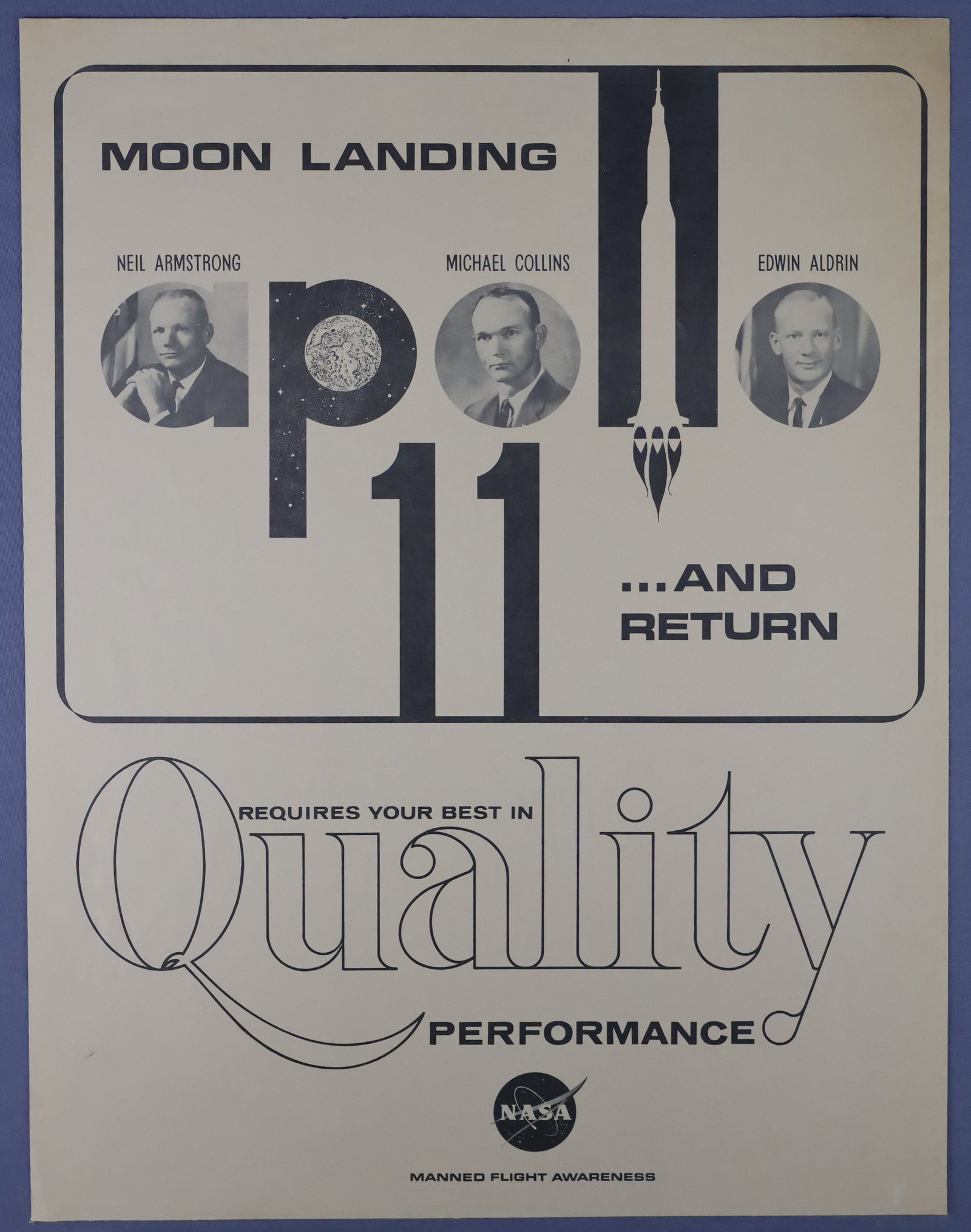 Apollo 11 Moon Landing Vintage Poster: This vintage Apollo 11 moon landing poster boasts a distinctly retro design that captures the spirit of space exploration. The word "Apollo" is creatively formed using photos of astronauts Neil Armstr