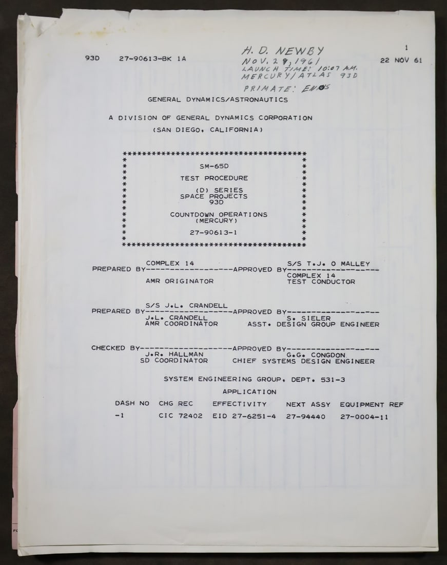 Mercury Atlas MA-5 "ENOS" Launch Countdown Console Used Manual (1 of 6)