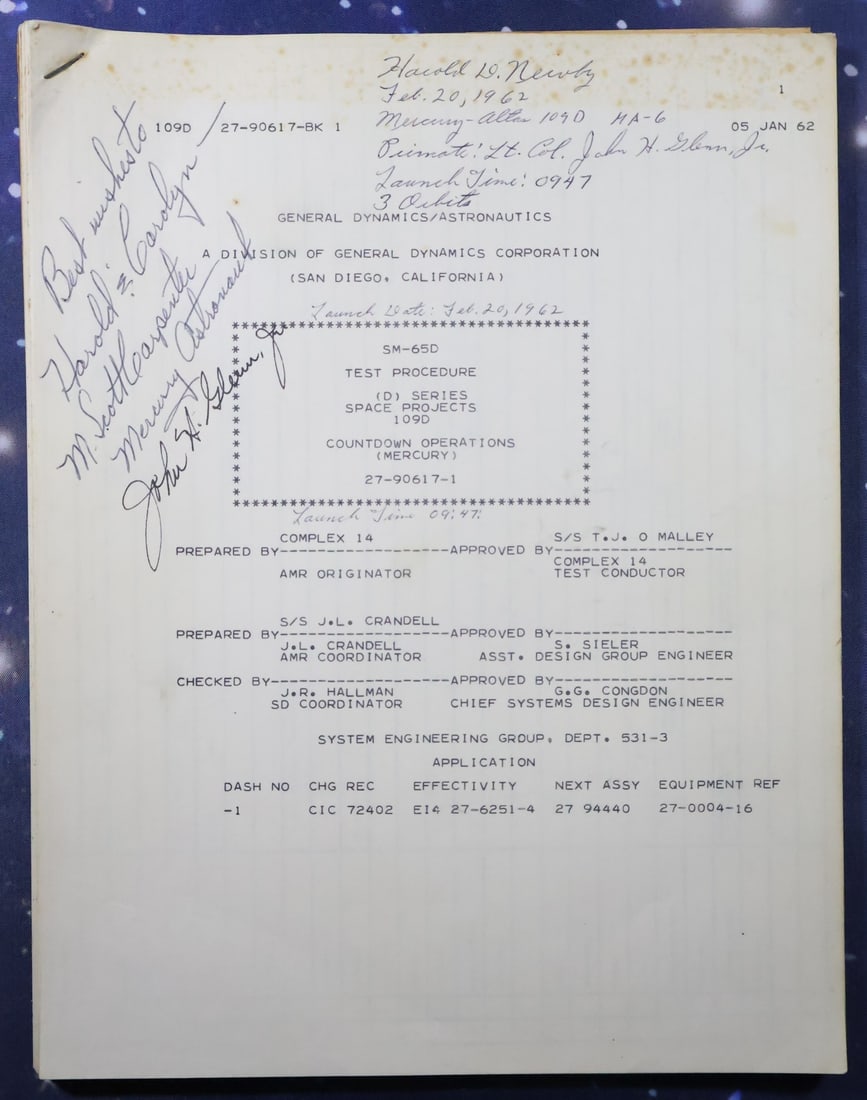 John Glenn MA-6 Signed Countdown Test Procedures Manual (1 of 7)