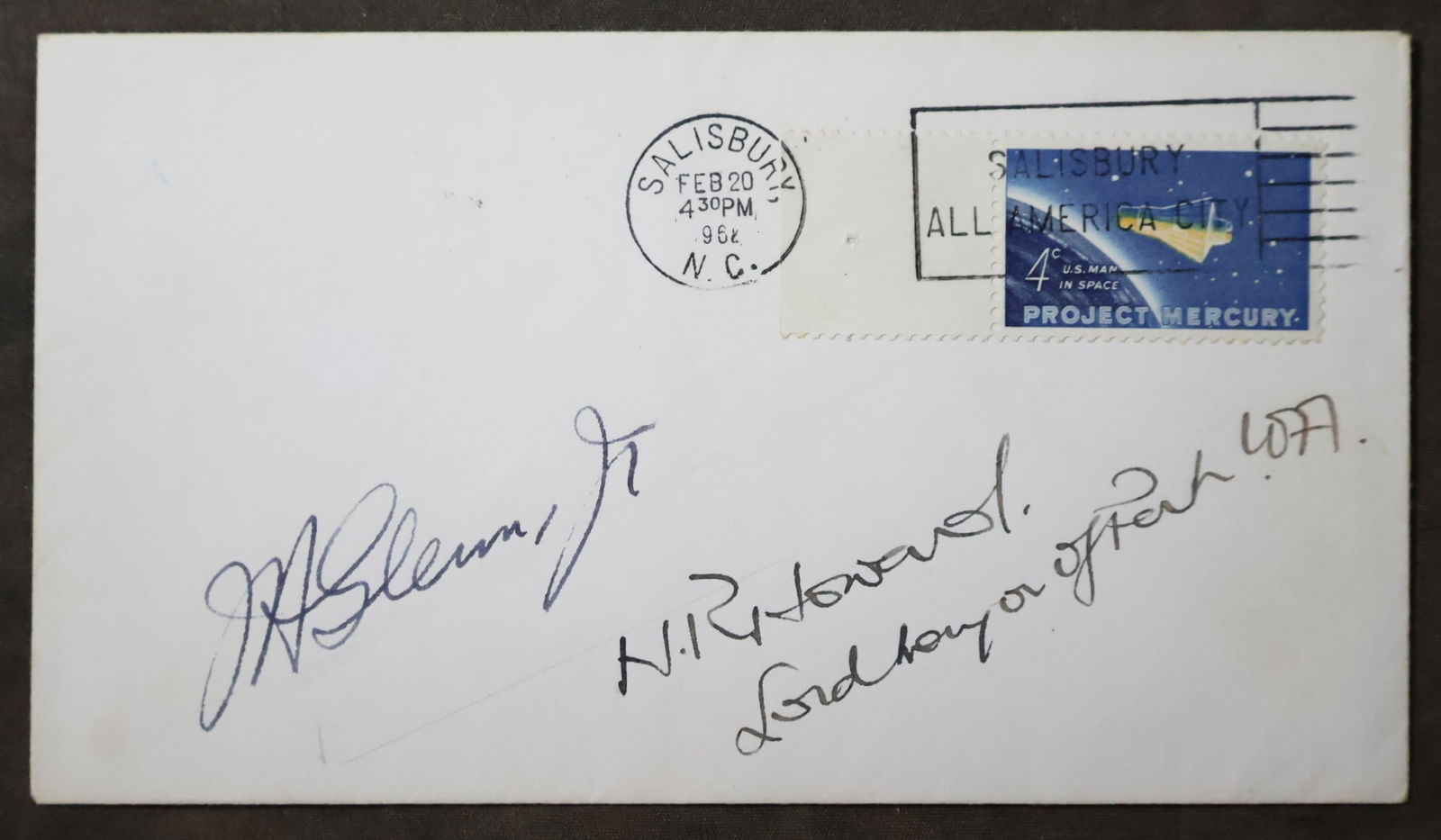 John Glenn & Harry Howard "Lord of Perth" Signed Cover: A cover for the Mercury-Atlas 6 (MA-6) mission, also known as Friendship 7, launched on February 20, 1962, placing astronaut John Glenn into Earth's orbit for the first time as a U.S. astronaut, compl