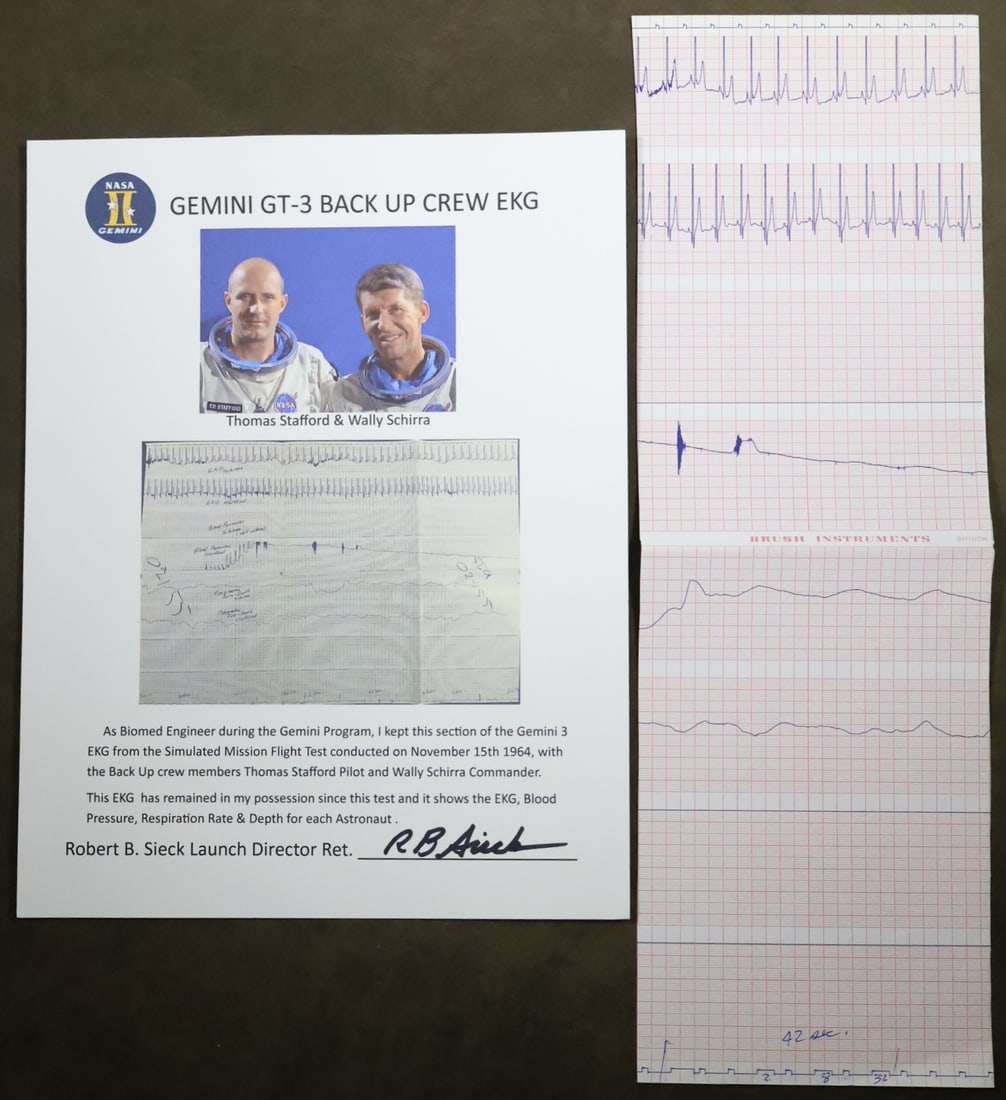 Gemini GT-3 Backup Crew EKG Printout from Bob Sieck: A 5" x 15" section of Gemini 3 EKG printout from the Simulated Mission Flight Test conducted with the Backup crew members Thomas Stafford and Wally Schirra. This section of EKG has remained, since