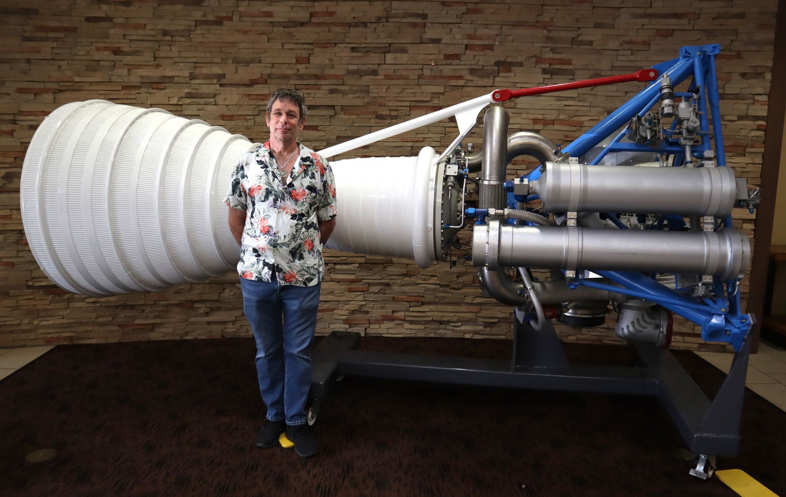 NASA Rocketdyne S-3D Rocket Engine: This original NASA Rocket engine used in testing that has been fully restored by NASA and displayed on a custom made horizonal stand mounted on heavy casters making the rocket easily moved by two