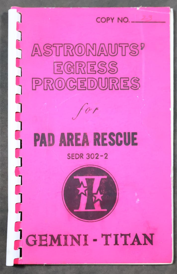 Gemini-Titan Astronauts' Egress Procedures Booklet: An official 1964 Gemini-Titan Astronauts' Egress Procedures 5 page booklet for Pad Area Rescue for the Gemini-Titan spacecraft 2. The information contained supports the GT-2 wet mock simulated launch