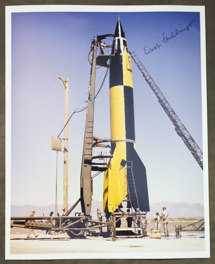 Ernst Struhlinger (V-2) Signed Color Photo: A color V-2 photograph signed by Ernst Struhlinger was a German-American atomic, electrical, and rocket scientist. After being brought to the United States as part of Operation Paperclip, he