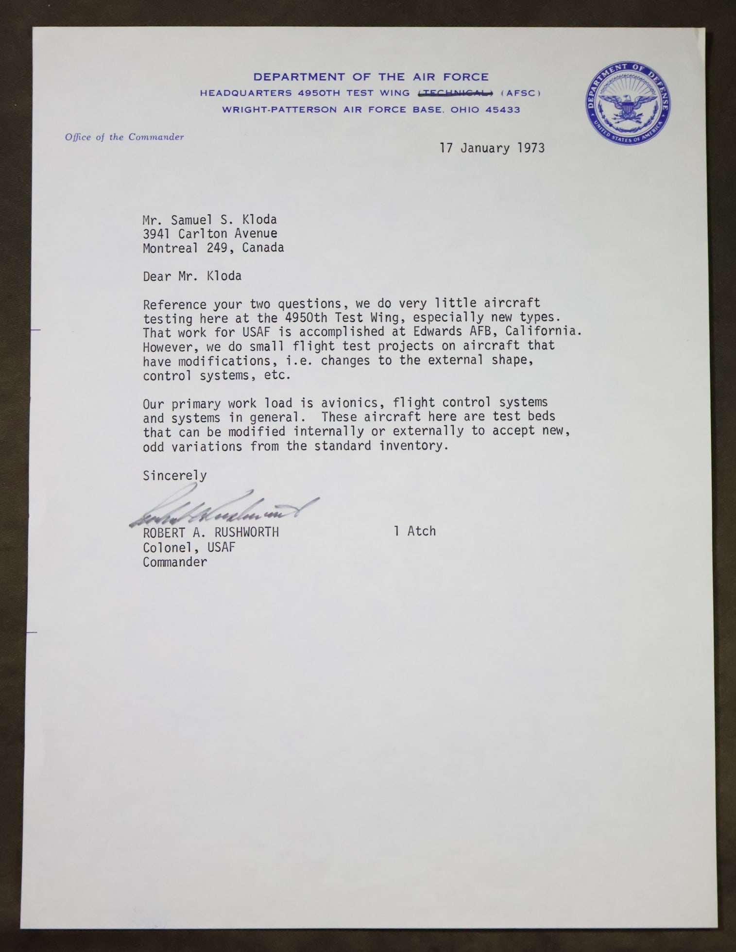 X-15 Pilot Robert Rushworth TLS (1 of 1)