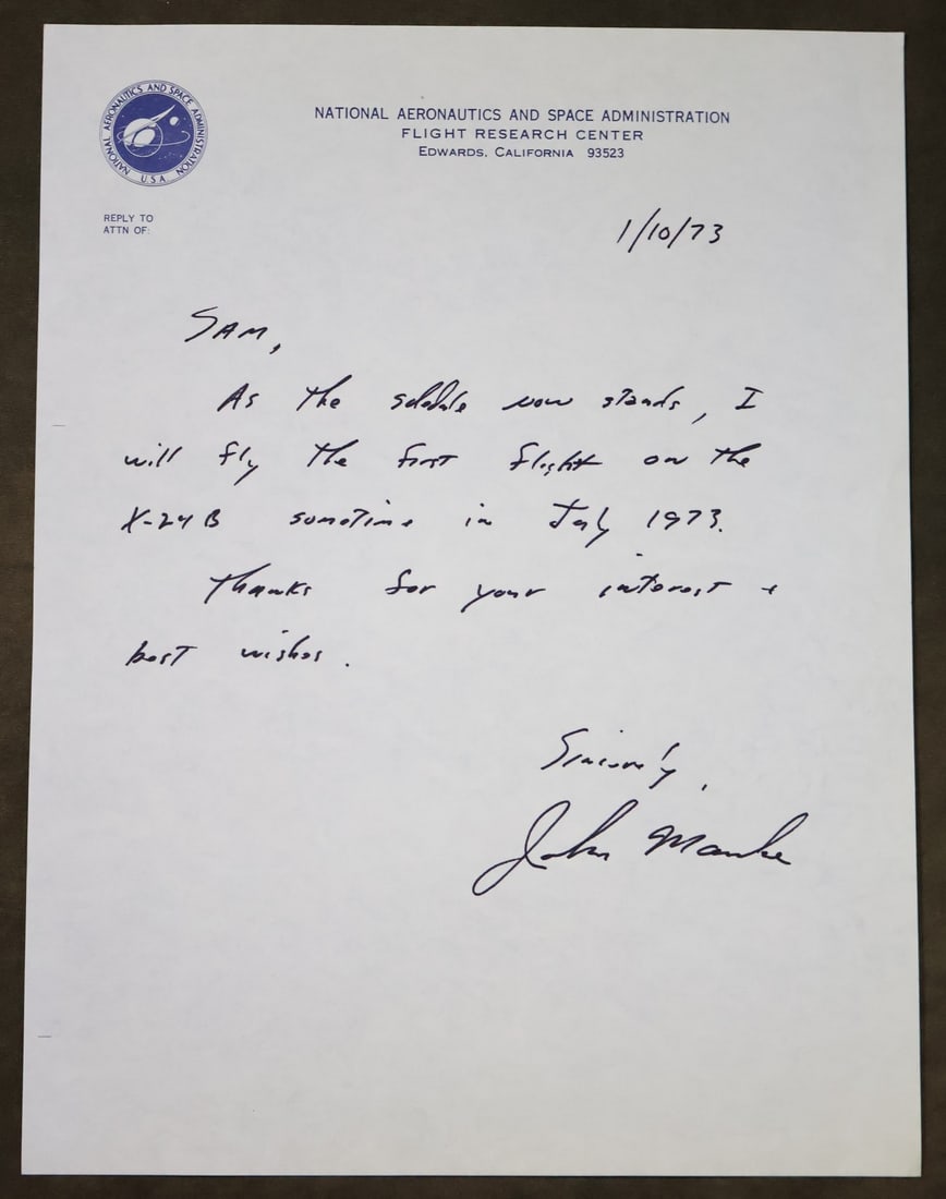 Test Pilot John Manke letter Signed (1 of 1)