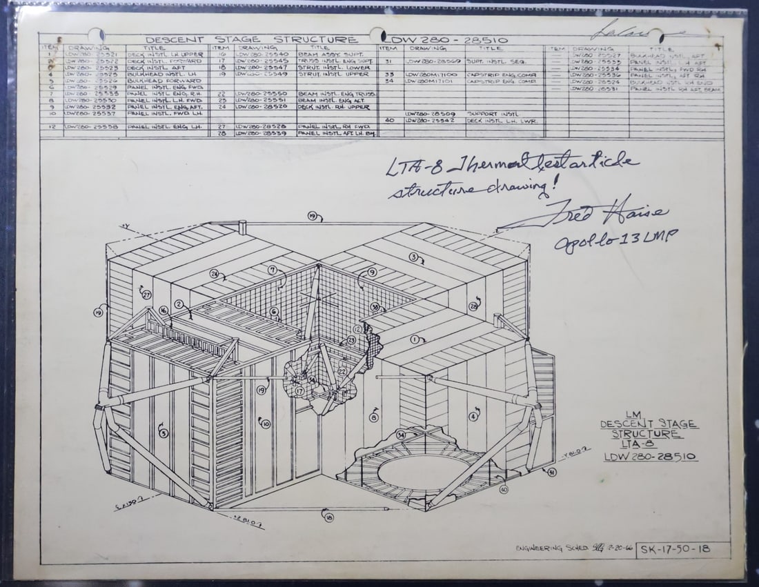 Fred Haise Signed LTA-8 Thermal Test Article Ascent/Descent Stage Drawings - 1966 (1 of 2)