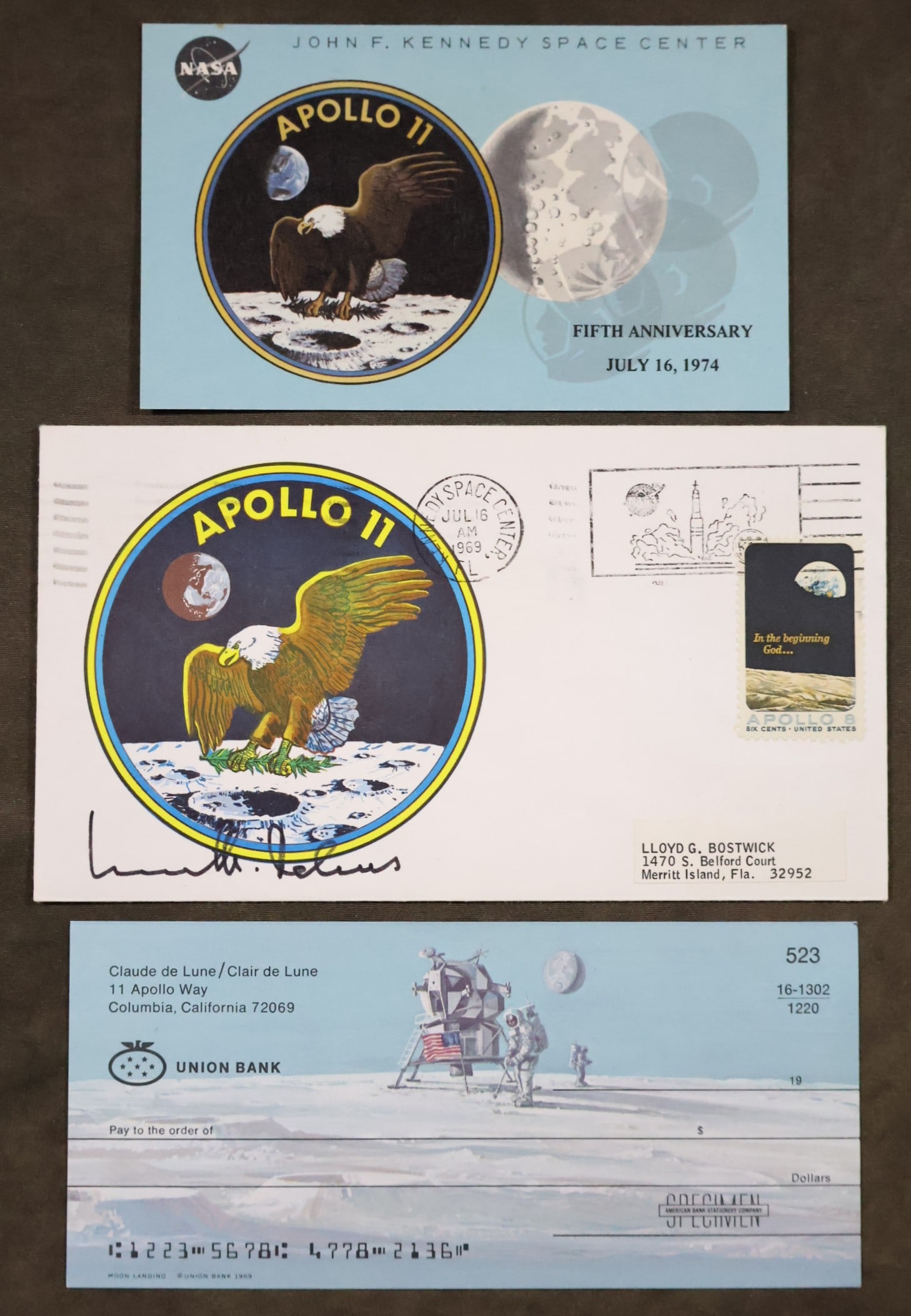 Apollo 11 Signed Cover with Anniversary Pass & Check (1 of 2)