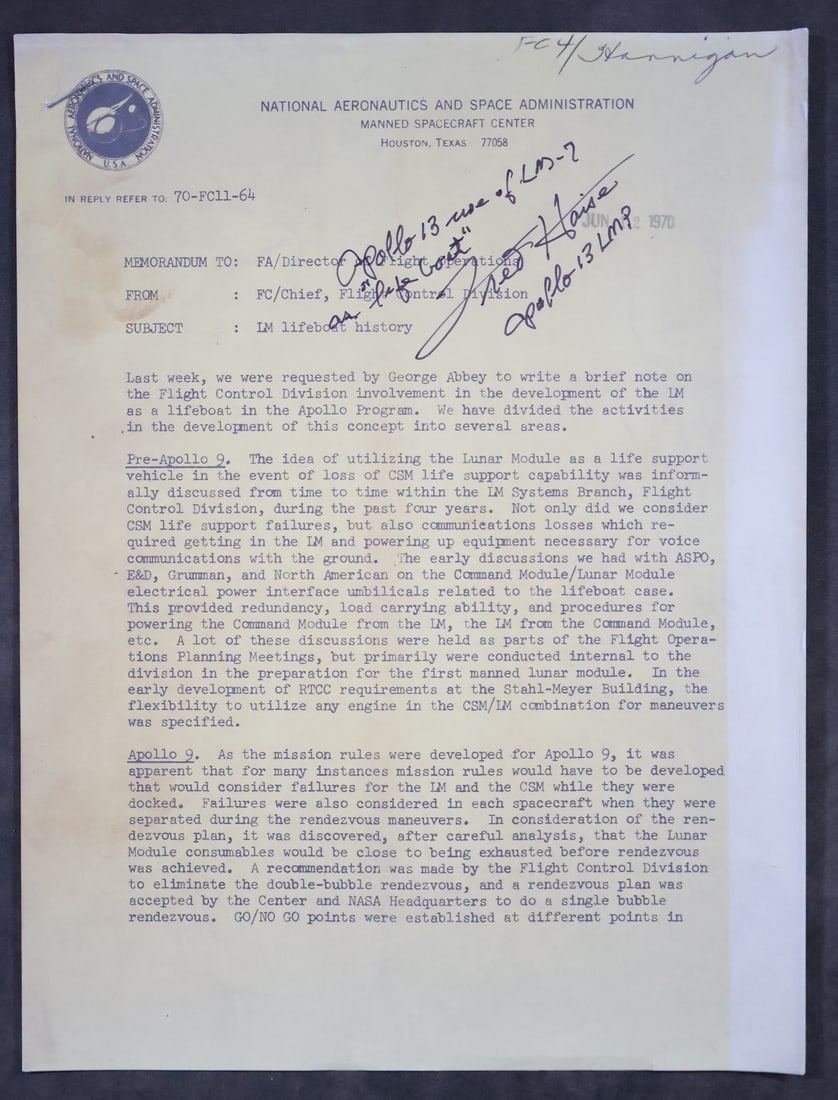 Apollo Lunar Module "Life Boat" Memo Signed by Fred Haise (1 of 3)
