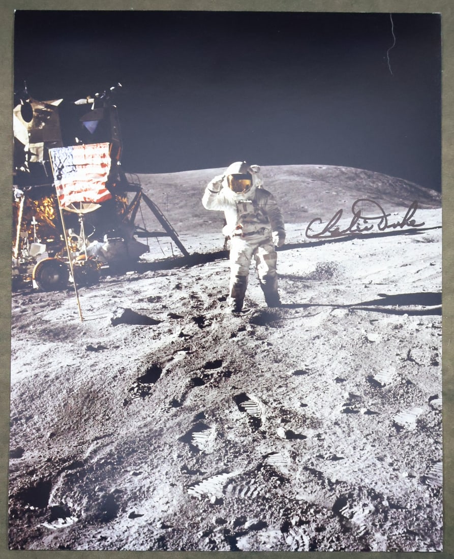 Apollo 16 Astronaut Charlie Duke Signed Saluting American Flag Photograph (1 of 2)
