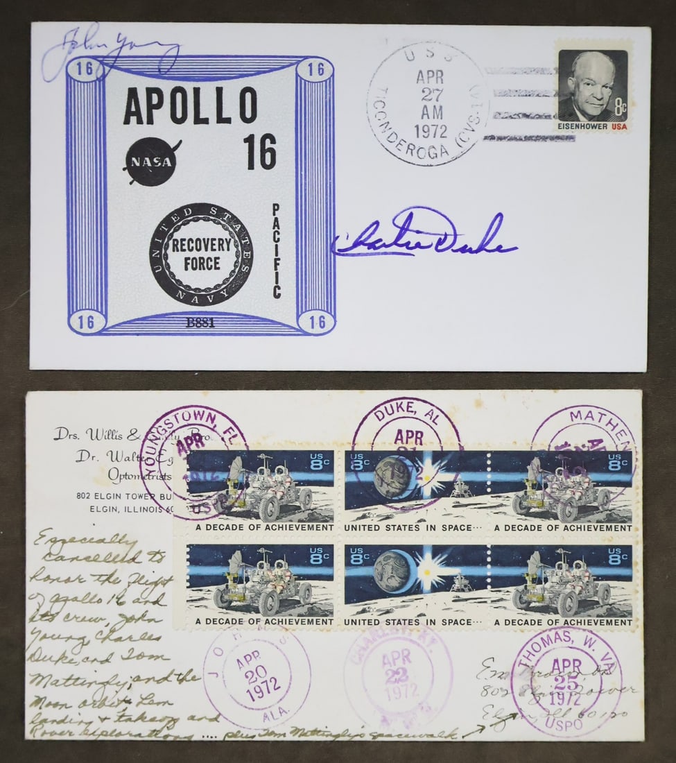 Apollo 16 Young & Duke Signed Cover & Special Honorary Cancelled Cover: A very special cover that is postmarked for every milestone on the Apollo 16 mission from launch to splashdown with an Apollo 16 Recovery Force cover displaying the cancellation stamp dated with the m