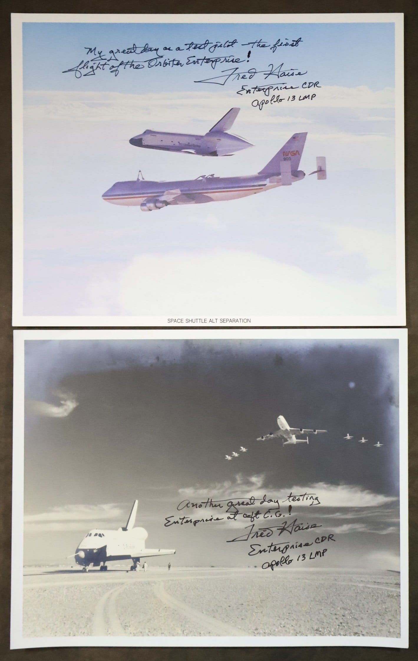 2 - ALT Fred Haise Signed NASA Lithograph & Photograph: A NASA issued lithograph showing the Space Shuttle Enterprise separation from the carrier aircraft during the Approach and Landing Test Flight. This 8" x 10" lithograph has been hand signed by